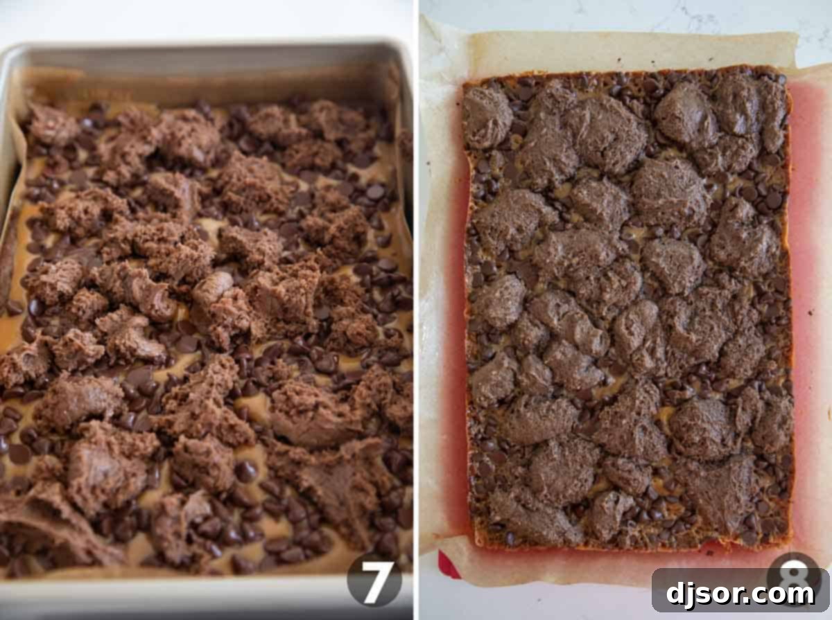 Adding brownie mixture to top of brownies and baking.