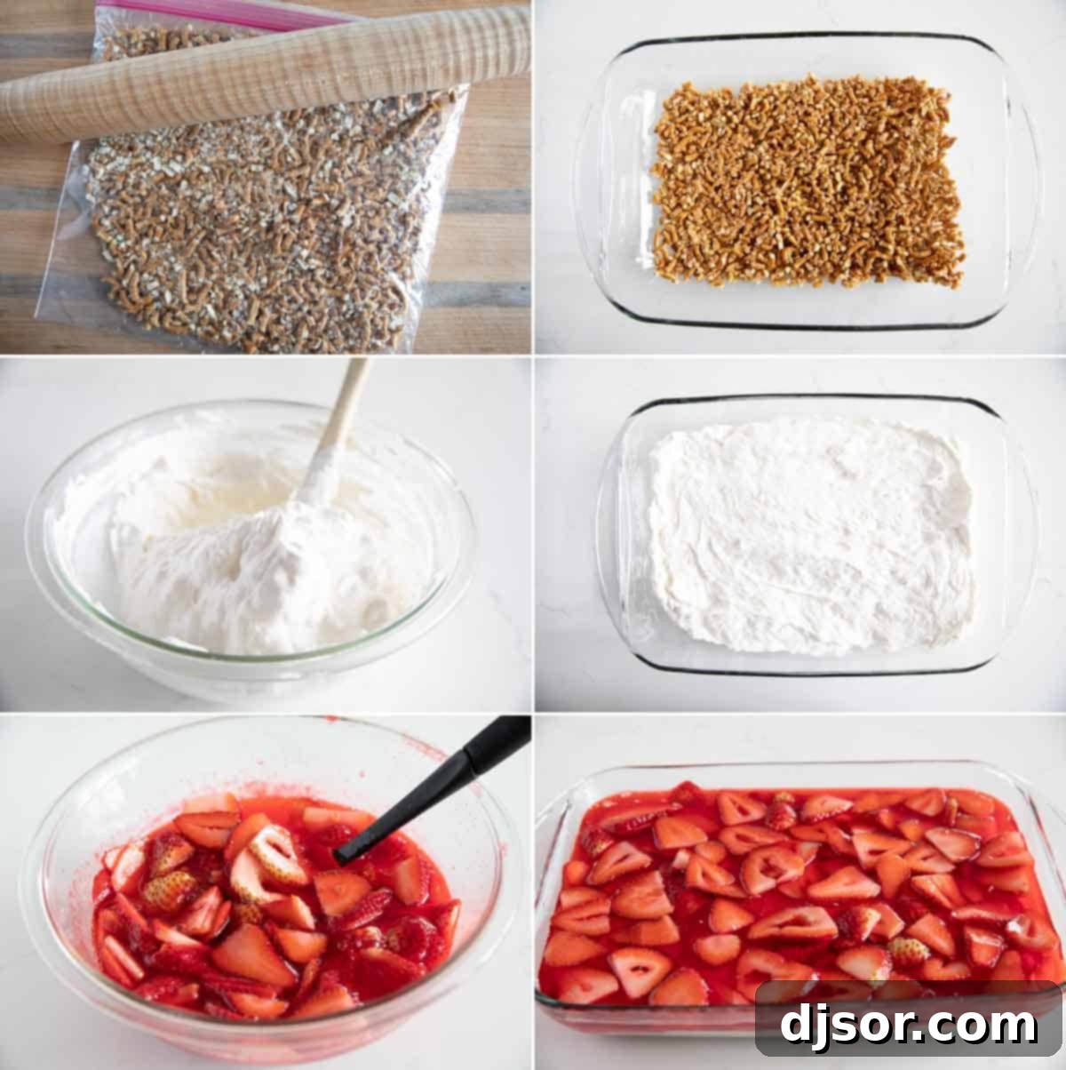 Sweet and salty, this Strawberry Pretzel Salad is as pretty as it is delicious. Serve it as a side dish or a dessert - either way, it’s always a hit! Steps to make Strawberry Pretzel Salad, showing the layering process.