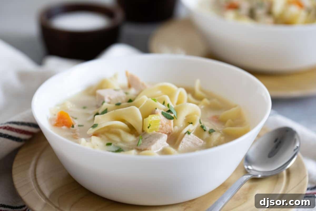 The perfect soup for leftovers, this Creamy Turkey Noodle Soup is ideal for leftover Thanksgiving turkey, but is a great way to use up leftover chicken, as well! A comforting bowl of Creamy Turkey Noodle Soup with a spoon resting on the side, ready to be enjoyed.