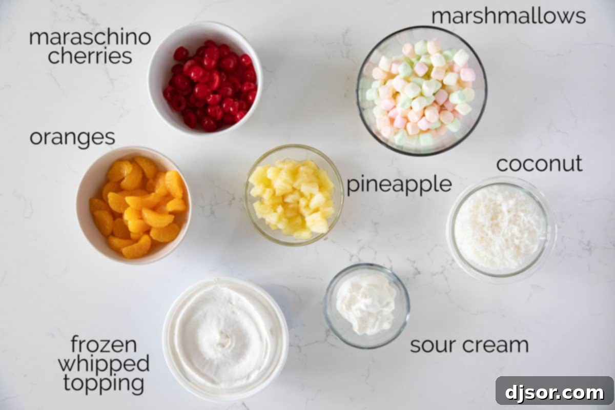 Ingredients for Ambrosia Salad A selection of fresh and canned ingredients laid out for making Ambrosia Salad, including a tub of whipped topping, a container of sour cream, cans of mandarin oranges and pineapple, shredded coconut, maraschino cherries, and a bag of mini marshmallows.