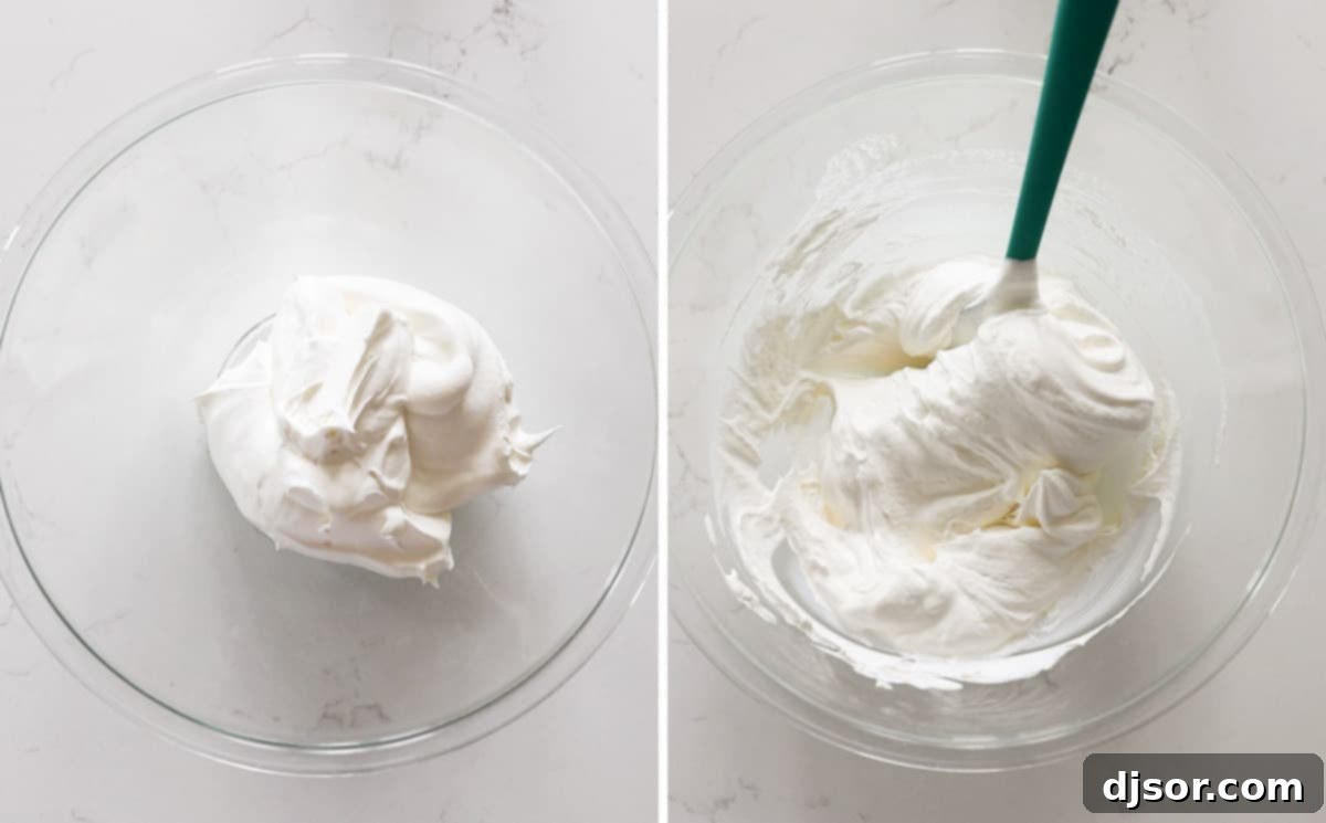 Mixing Whipped Topping and Sour Cream for Ambrosia Salad A large mixing bowl containing thawed frozen whipped topping and sour cream, being gently stirred together with a rubber spatula until smooth and well combined.