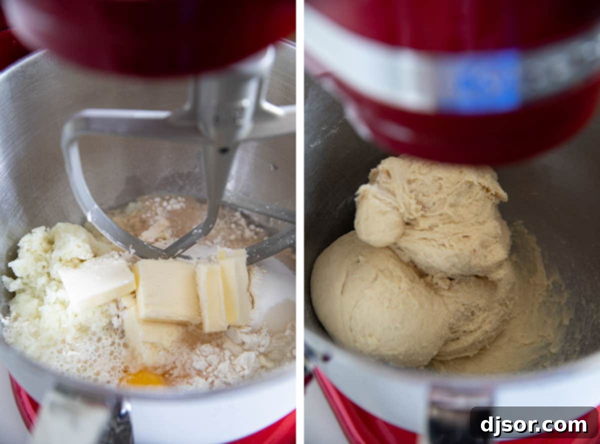 Potato roll dough being mixed in a stand mixer with a dough hook attachment.