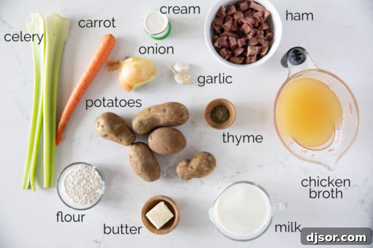 Various ingredients for ham and potato soup, including diced ham, potatoes, carrots, celery, and onions, neatly arranged on a counter.
