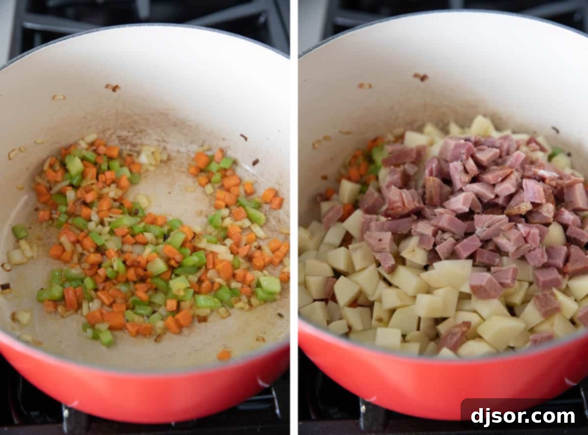 Step-by-step cooking process showing vegetables sautéing, then adding ham and diced potatoes to the pot for the soup base.