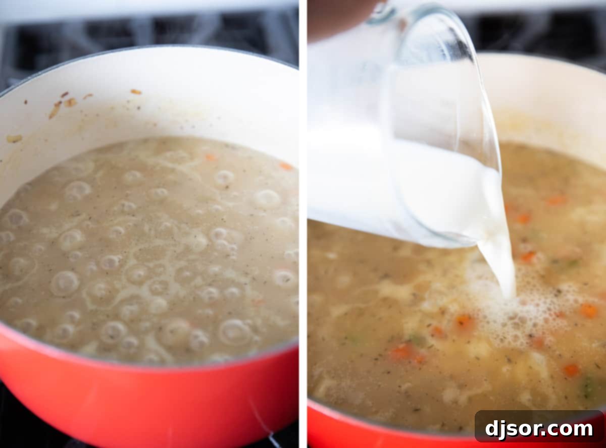 Soup pot on the stove, showing broth and vegetables boiling, followed by milk being poured into the simmering soup to create a creamy texture.
