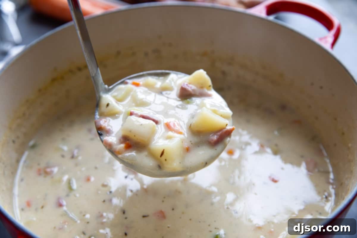 A large pot filled with a rich and creamy Ham and Potato Soup, with a ladle ready to serve, showcasing its hearty texture.