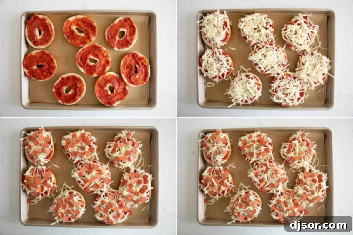 The Ultimate Bagel Pizza 4 A step-by-step visual guide showing bagels being sliced, sauced, topped with cheese, and finally with pepperoni, on a baking sheet.