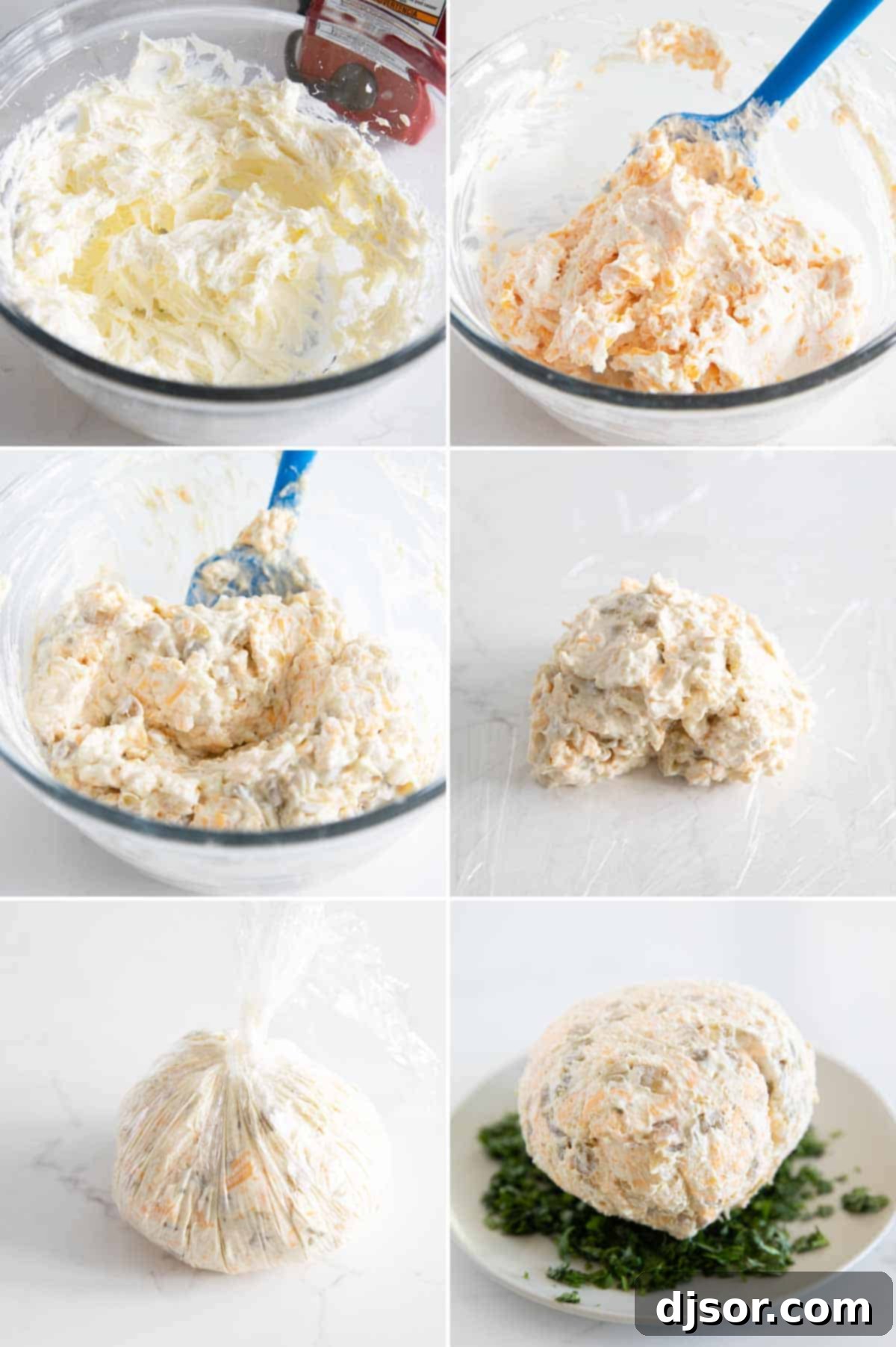 Fiesta Cheese Ball 4 A visual guide showing a sequence of three steps to prepare the Southwest Cheese Ball, from mixing ingredients to shaping the ball.