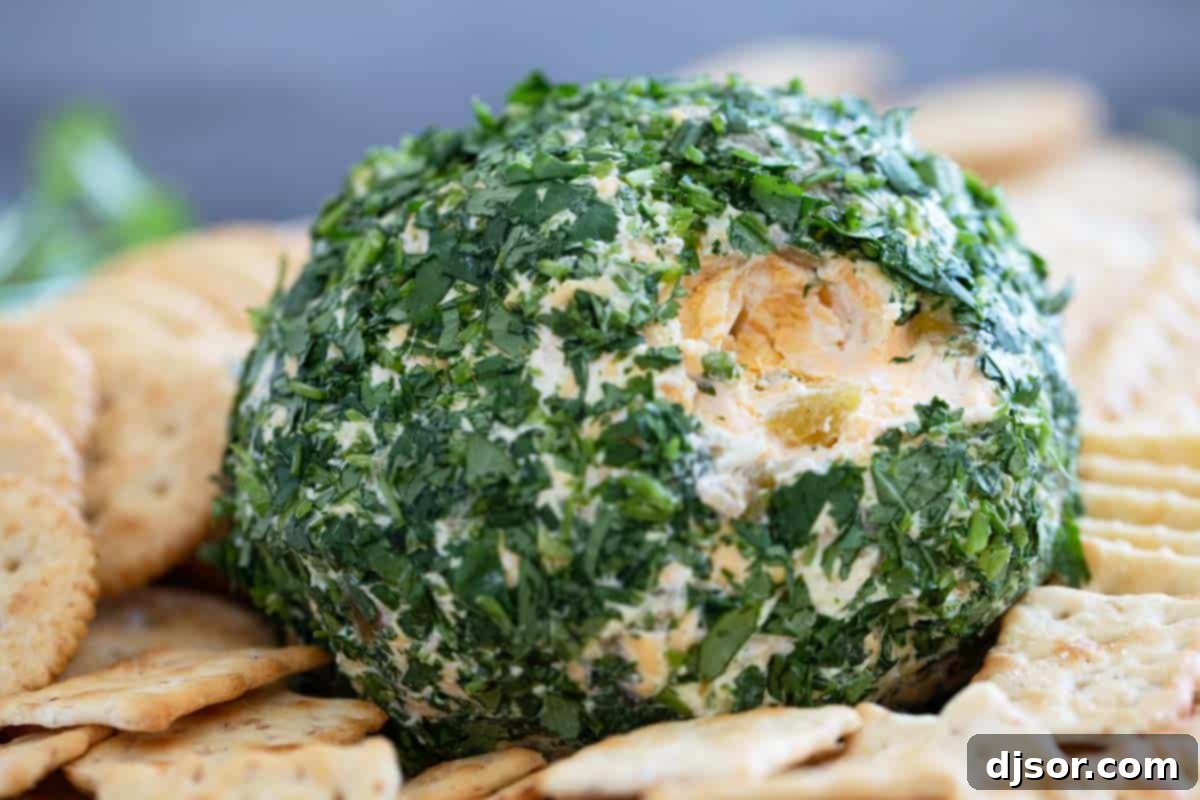 Fiesta Cheese Ball 7 A cross-section view of the Southwest Cheese Ball on a cracker, revealing its creamy texture and flecks of green chiles and onion inside.