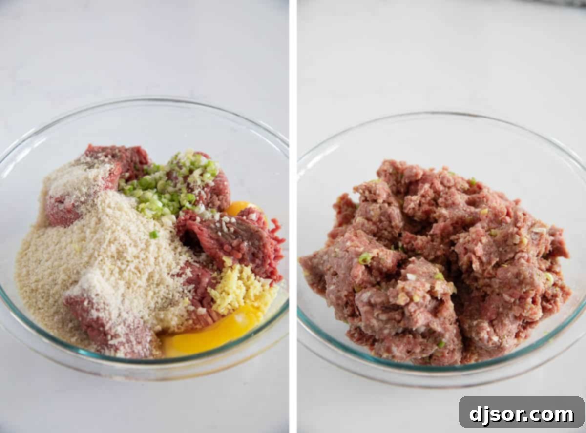 These Teriyaki Meatballs are made with a delicious homemade teriyaki sauce that is super easy and fast. The meatballs are juicy and flavorful, and the sauce is sweet, tangy, and savory. This recipe is perfect for a quick and easy weeknight dinner, or for a party appetizer. Combining ingredients to make Teriyaki Meatballs.