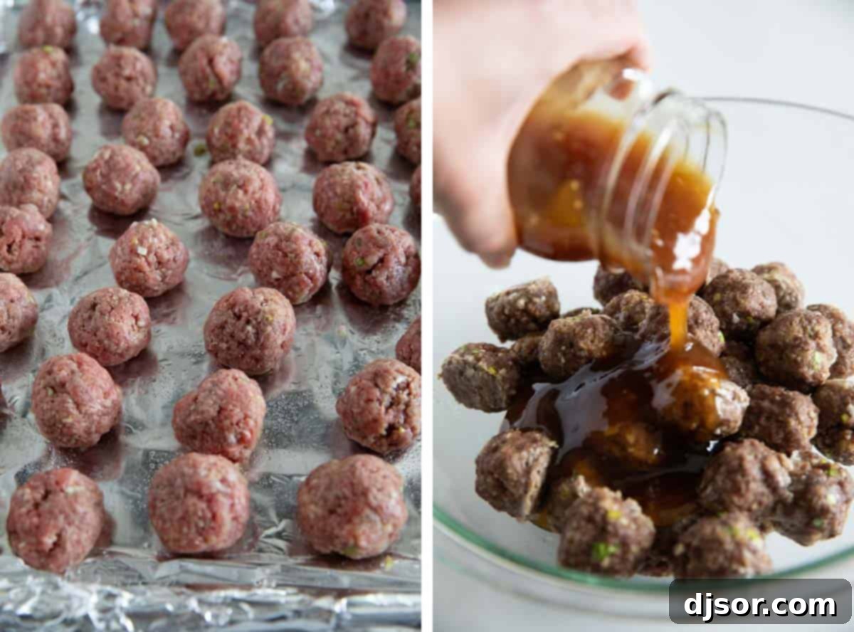 These Teriyaki Meatballs are made with a delicious homemade teriyaki sauce that is super easy and fast. The meatballs are juicy and flavorful, and the sauce is sweet, tangy, and savory. This recipe is perfect for a quick and easy weeknight dinner, or for a party appetizer. Making meatballs and adding teriyaki sauce to the cooked meatballs.