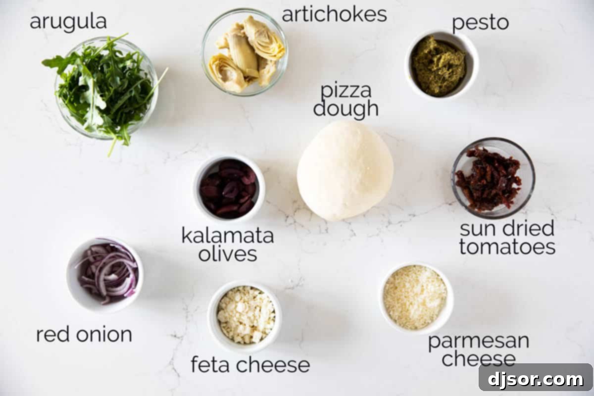 Fresh Ingredients for a Flavorful Mediterranean Pizza A collection of fresh ingredients laid out on a cutting board, ready for making Mediterranean Pizza, including artichokes, olives, sun-dried tomatoes, and feta cheese.