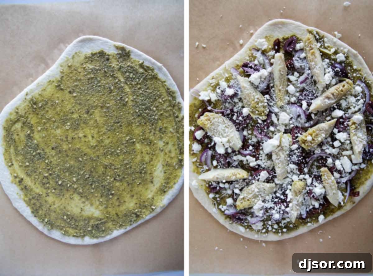 Pre-baked Mediterranean Pizza, Topped and Ready Pizza dough spread with pesto and layered with all the savory Mediterranean toppings, including artichokes, olives, sun-dried tomatoes, red onion, and cheeses, before baking.