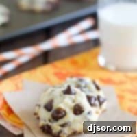 A single Orange Chocolate Chip cookie on parchment paper, perfectly round and golden.