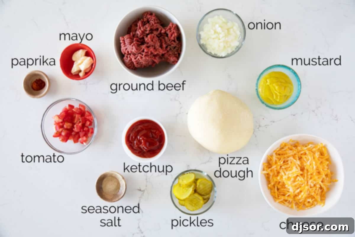 Various fresh ingredients laid out, including ground beef, cheese, and vegetables, ready for making Cheeseburger Pizza.