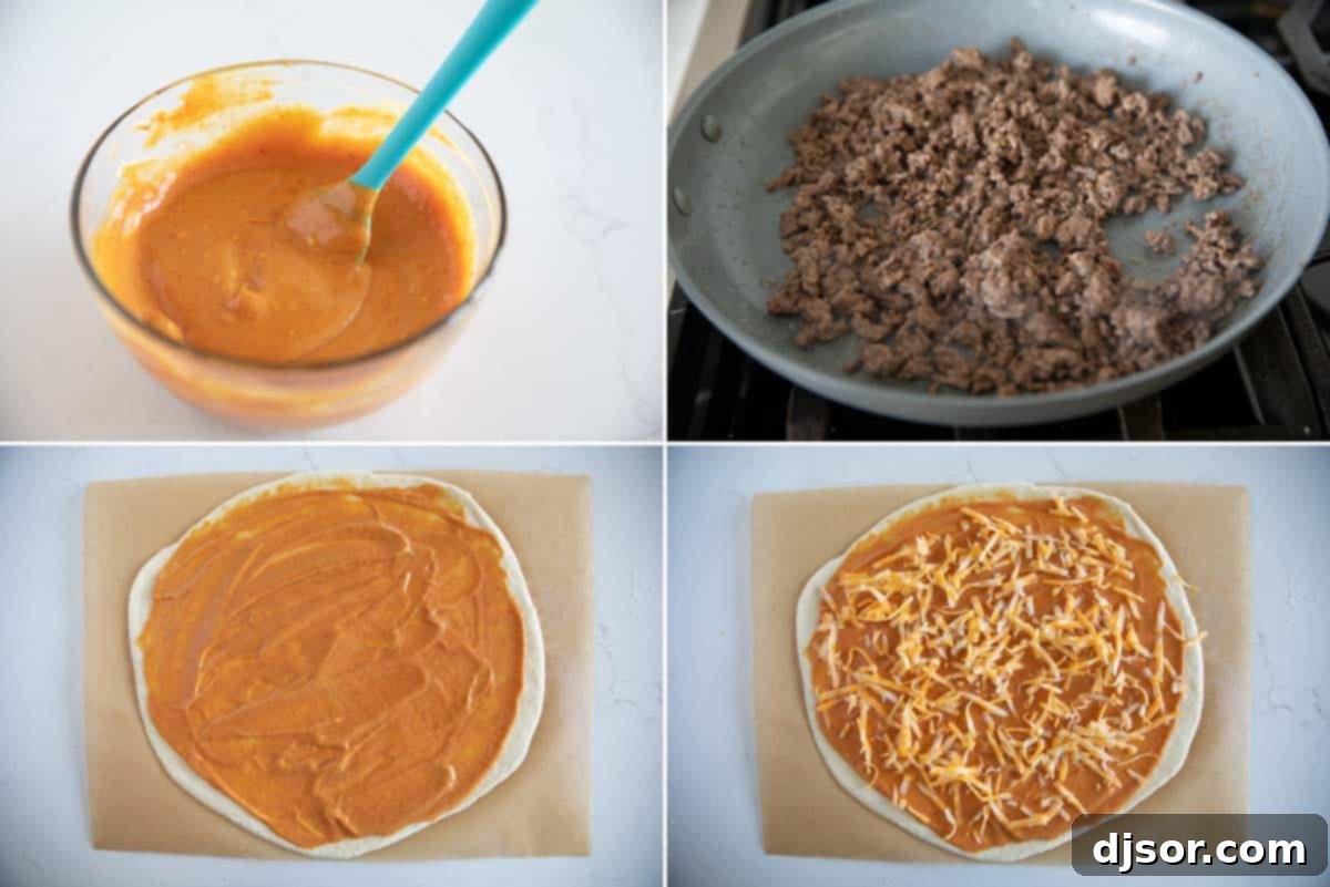 A visual guide showing the step-by-step process of assembling a cheeseburger pizza on a baking sheet.