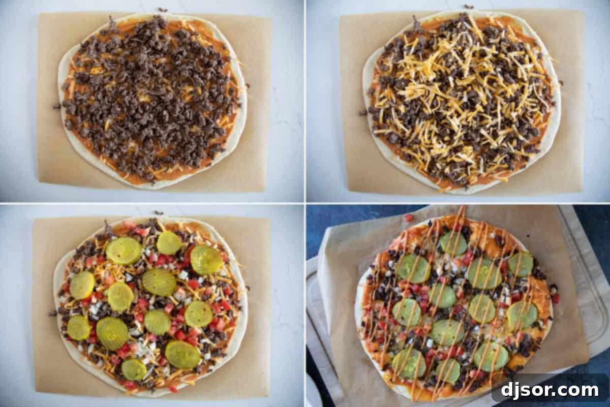 Close-up of a cheeseburger pizza being assembled with layers of sauce, cheese, ground beef, and fresh toppings.