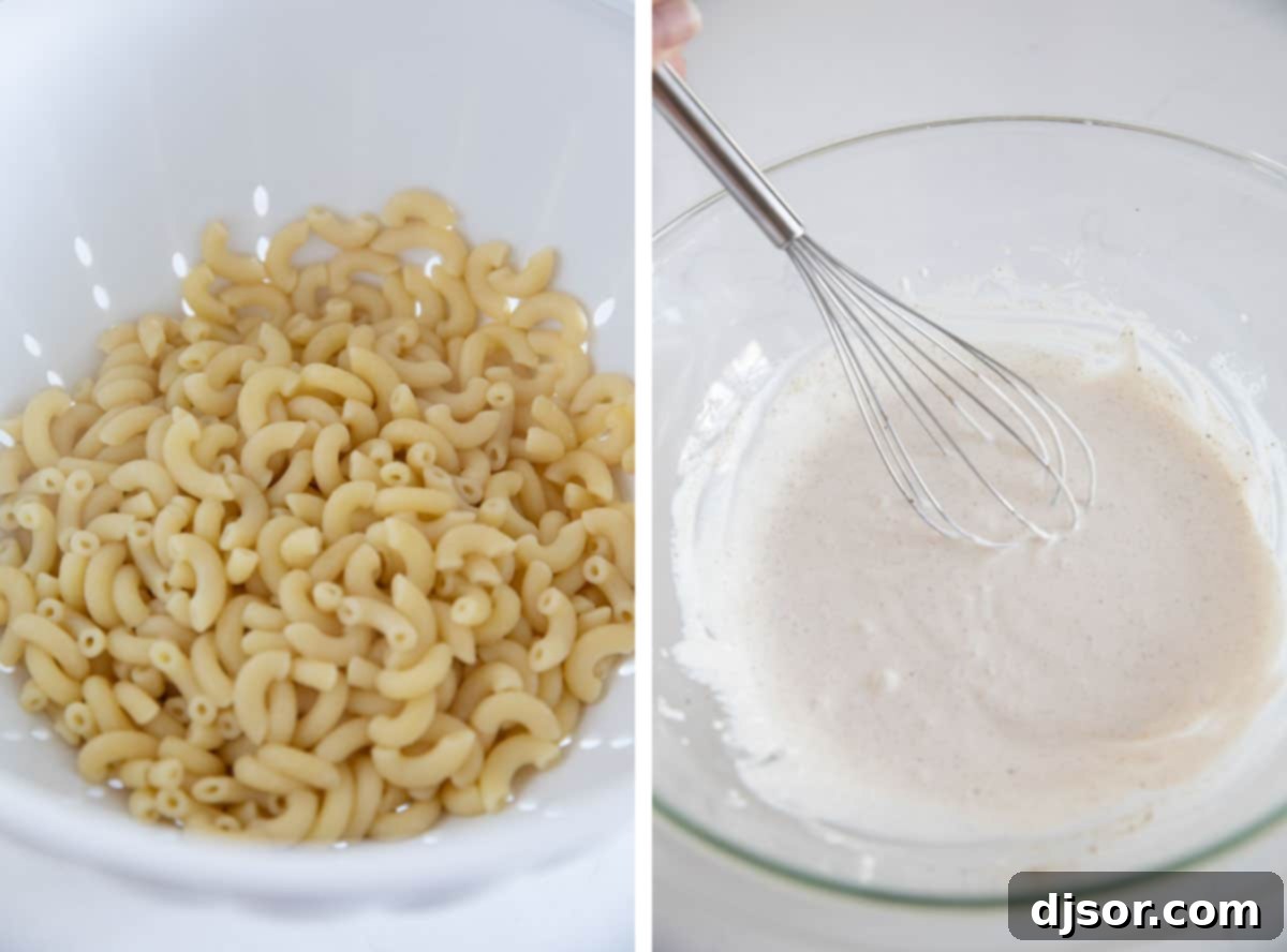 Hands preparing the dressing and cooking pasta noodles for shrimp pasta salad.