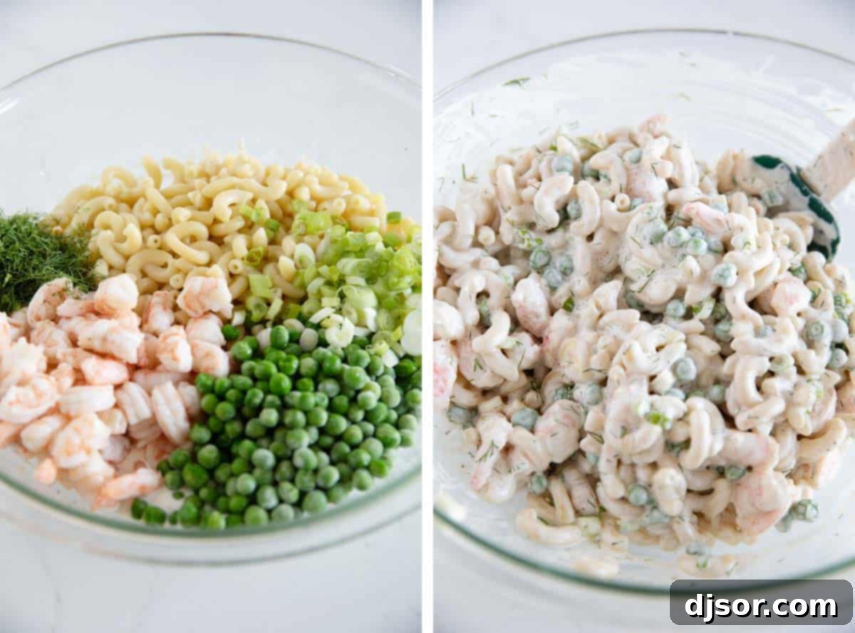 All ingredients being mixed together in a large bowl to make shrimp pasta salad.
