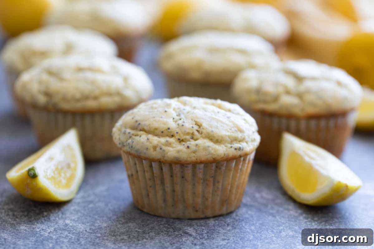 Lemon Poppy Seed Muffins in cupcake liners with sliced lemons on the side, highlighting their golden-brown tops and vibrant lemon essence.