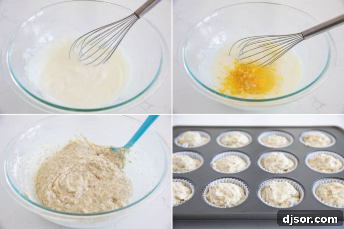 A sequence of three photos showing the steps to make lemon poppy seed muffins: mixing wet ingredients, adding dry ingredients, and scooping batter into muffin tin.