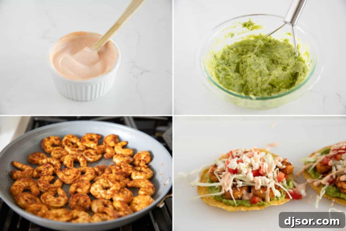 Steps to make shrimp tostadas.