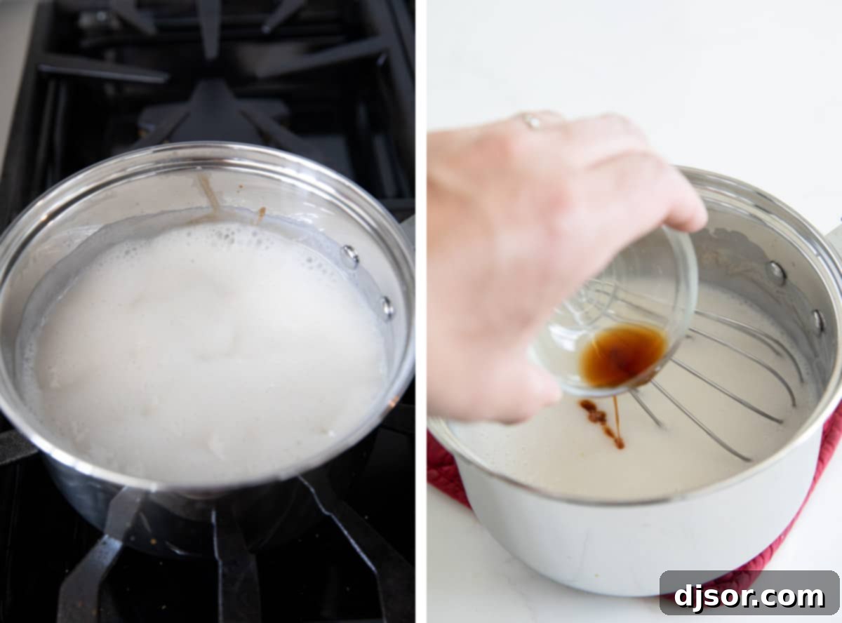 Sequential images demonstrating the steps to make homemade coconut syrup, from whisking dry ingredients to simmering the liquid mixture, ensuring clarity for easy replication.