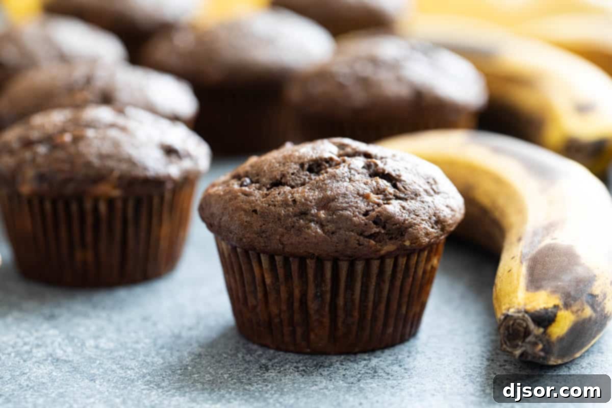 Delicious Chocolate Banana Muffins, one with a bite taken out, next to a ripe banana, showcasing their moist texture.