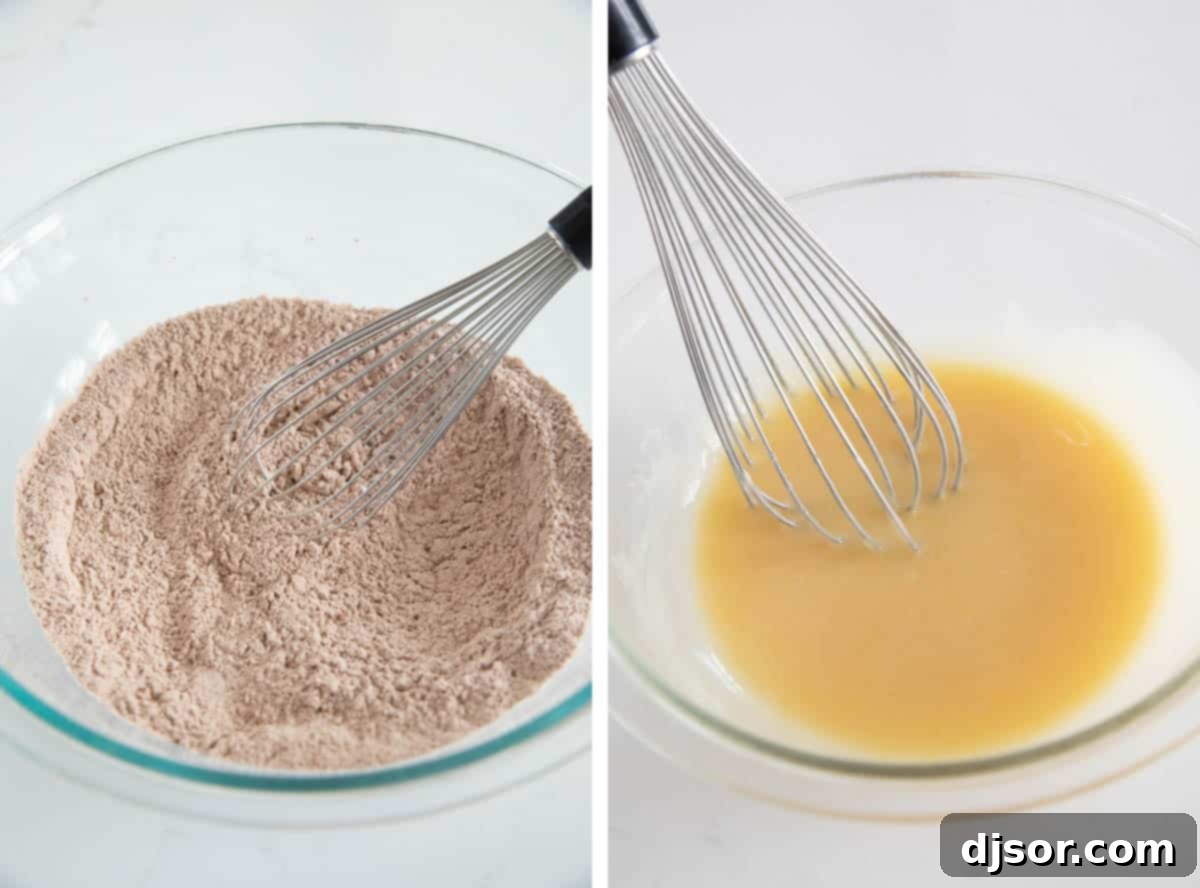 Image showing two bowls, one with dry ingredients being whisked, and another with wet ingredients being combined, for Chocolate Banana Muffins.