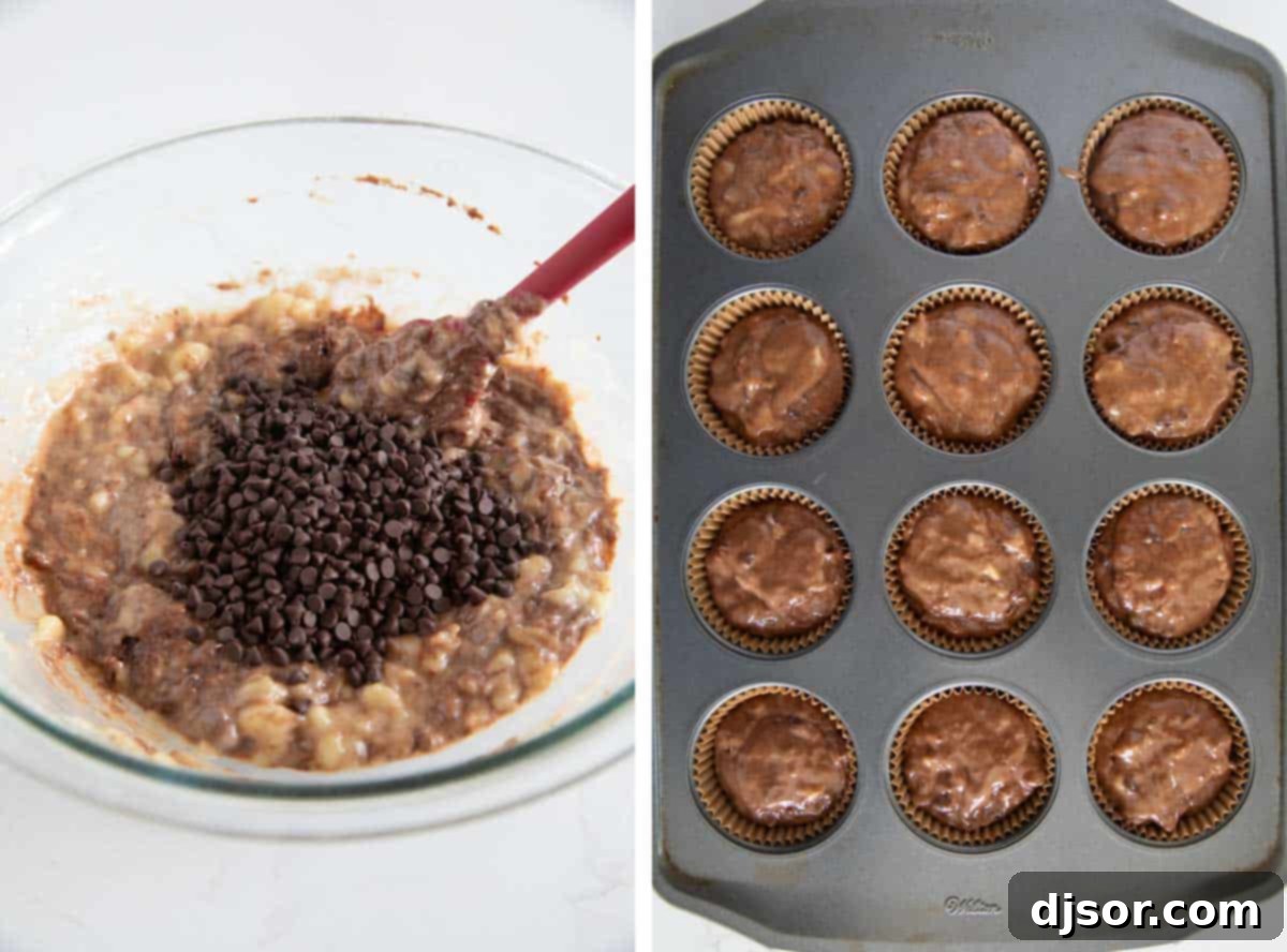 The delicious Chocolate Banana Muffin batter with mini chocolate chips, ready to be baked in a muffin tin.