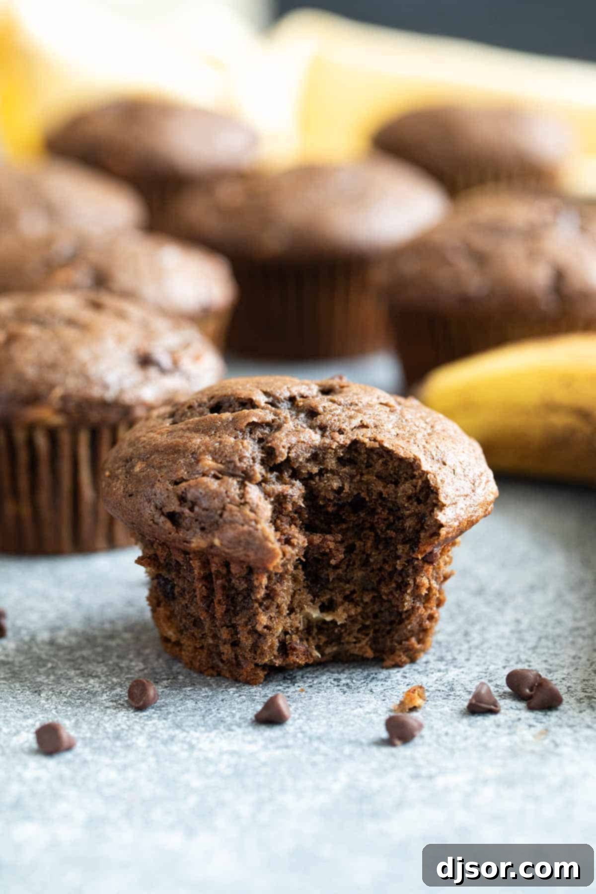 A perfectly baked Chocolate Banana Muffin, with a bite taken out, showing the moist interior and scattered mini chocolate chips.