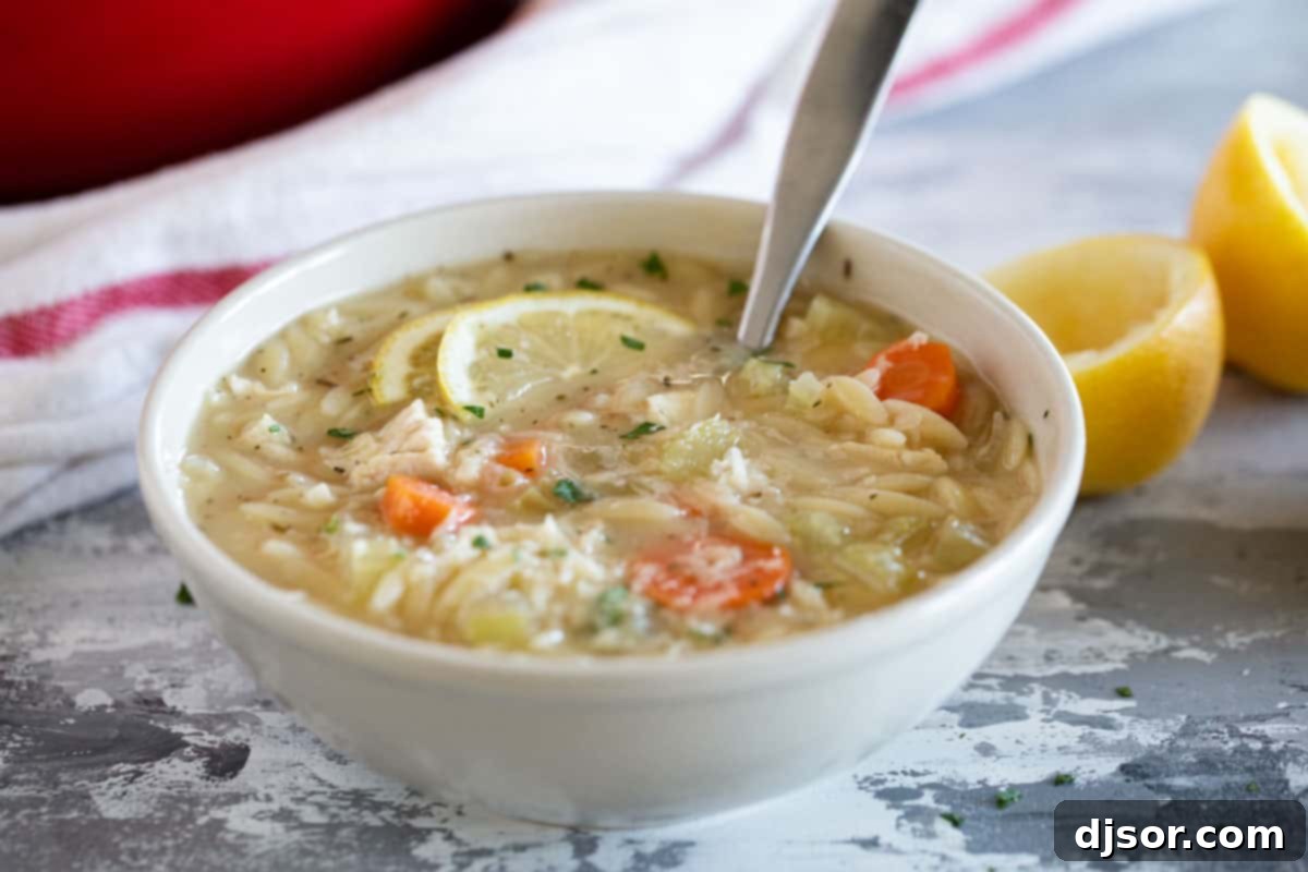 Hearty and bright Lemon Chicken Orzo Soup for a cozy meal. A comforting bowl of Lemon Chicken Orzo Soup garnished with fresh parsley, featuring tender chicken, small pasta, carrots, and celery.