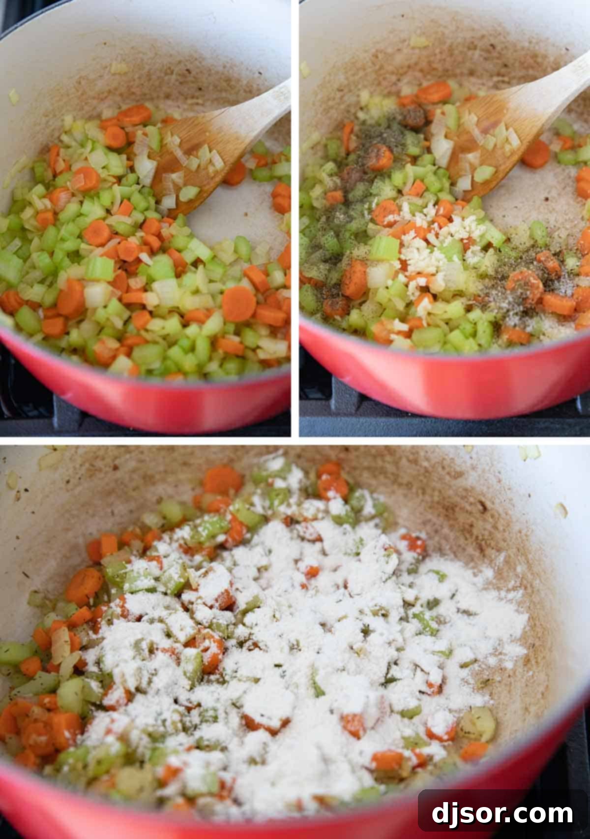 Sautéing the aromatic base for a flavorful Lemon Chicken Orzo Soup. Carrots, celery, and onions sautéing in a large Dutch oven, releasing aromatic steam for the Lemon Chicken Orzo Soup base.
