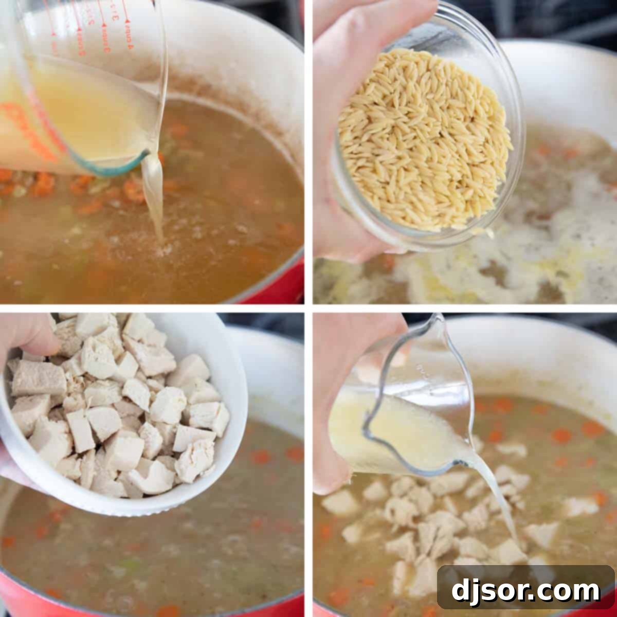 Visual guide to making comforting Lemon Chicken Orzo Soup. A visual collage showing the progression of making Lemon Chicken Orzo Soup, from sautéing vegetables to adding broth and orzo.