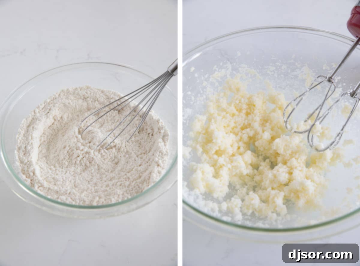 Two separate bowls show the preparation stages for eggnog bread: one with dry ingredients whisked together, and another with butter and sugar being creamed until light and fluffy.
