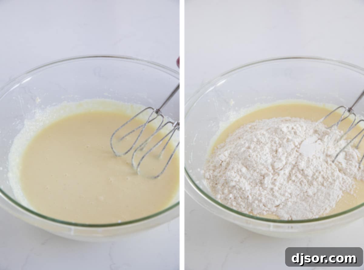 The process of making eggnog bread batter, showing a smooth, creamy consistency before adding dry ingredients, ensuring a well-mixed and uniform base.