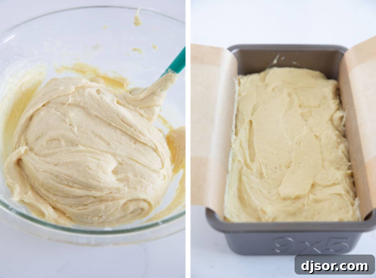 A bowl filled with thick, rich eggnog bread batter, next to a loaf pan into which the batter has been perfectly poured, ready for baking.