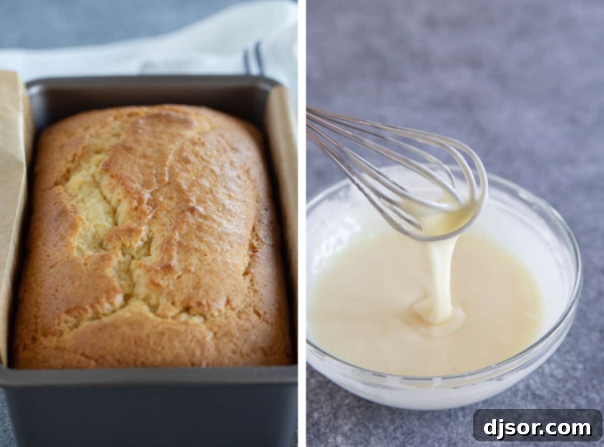 A golden-brown loaf of eggnog bread resting in its baking pan, alongside a small bowl of creamy eggnog glaze, ready for drizzling.