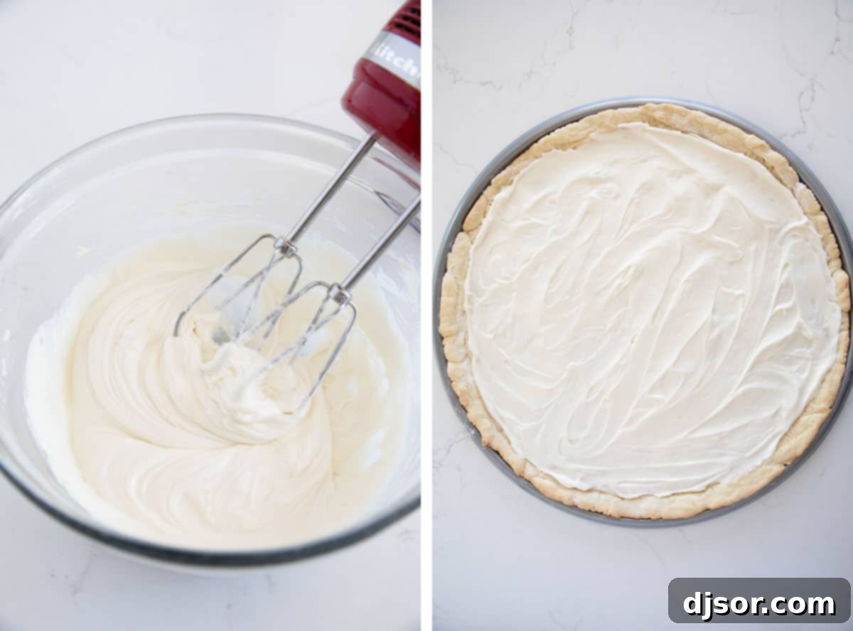 Indulge in the sweetness of summer with this irresistible Fruit Pizza. A sugar cookie base is topped with a sweet cream cheese frosting, then layered with fresh, in season fruit for a stunning dessert that is as delicious as it beautiful. Adding frosting to a fruit pizza.