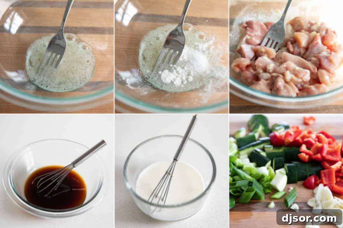 Various prepped ingredients for making homemade Kung Pao Chicken, including marinated chicken, chopped vegetables, and sauce ingredients.