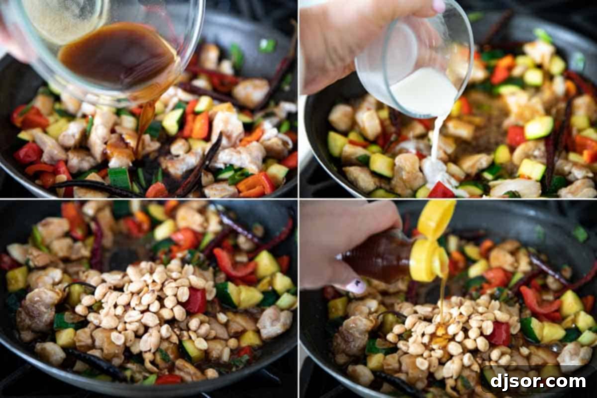 Adding the prepared sauce to the stir-fried Kung Pao Chicken and vegetables in a skillet.