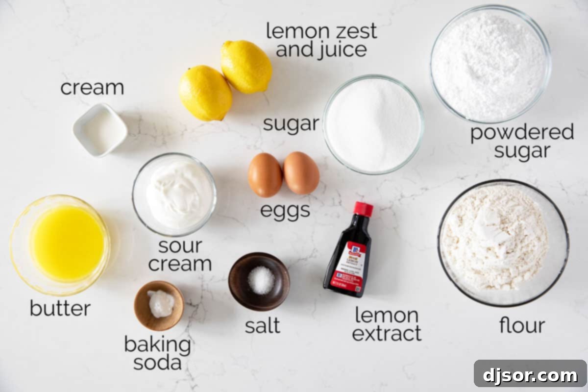 Fresh ingredients ready for homemade Lemon Loaf Ingredients to make Lemon Loaf.