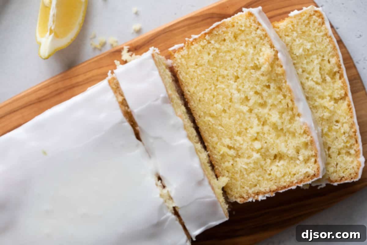 Beautifully sliced Lemon Loaf, ready to enjoy Loaf of sliced Lemon Loaf.