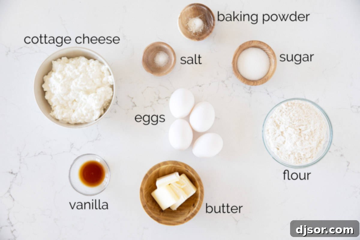 Fresh ingredients laid out on a kitchen counter, ready to make cottage cheese pancakes.