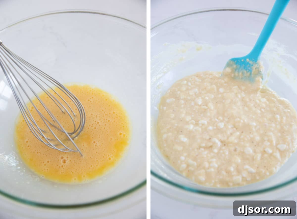 Mixing the batter for cottage cheese pancakes in a large bowl.