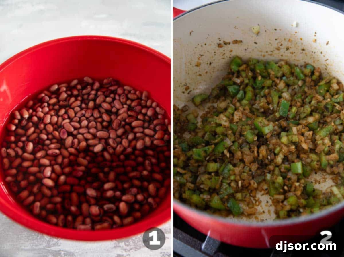 Andouille Red Beans and Rice 4 Soaking dry red beans in a bowl, and diced vegetables (onion, bell pepper, celery) sautéing in a Dutch oven with olive oil for a Red Beans and Rice recipe.
