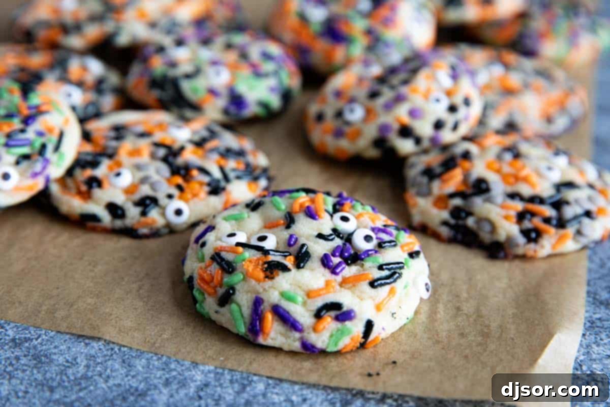 Monster Munchies 2 Stacked Halloween cookies with vibrant sprinkles and playful candy eyeballs, ready for a festive celebration.