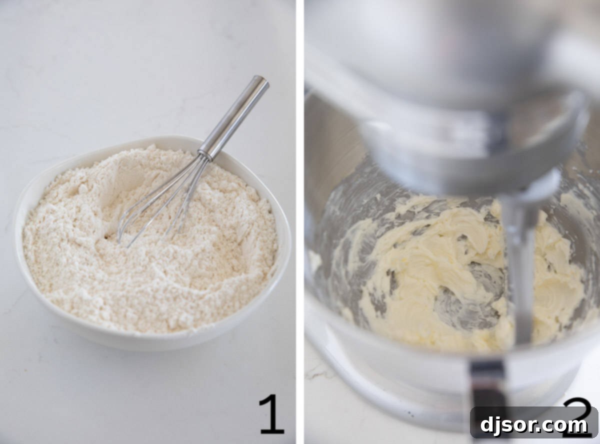 Monster Munchies 4 A two-part image showing dry ingredients being whisked in one bowl and softened butter being mixed in a stand mixer for Halloween cookies.