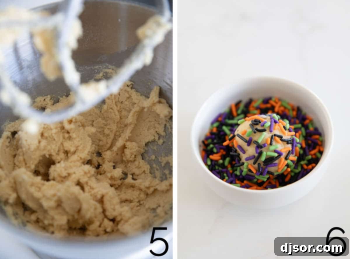 Monster Munchies 6 A two-panel image showing prepared cookie dough batter in a bowl and cookie dough balls being rolled in Halloween sprinkles.