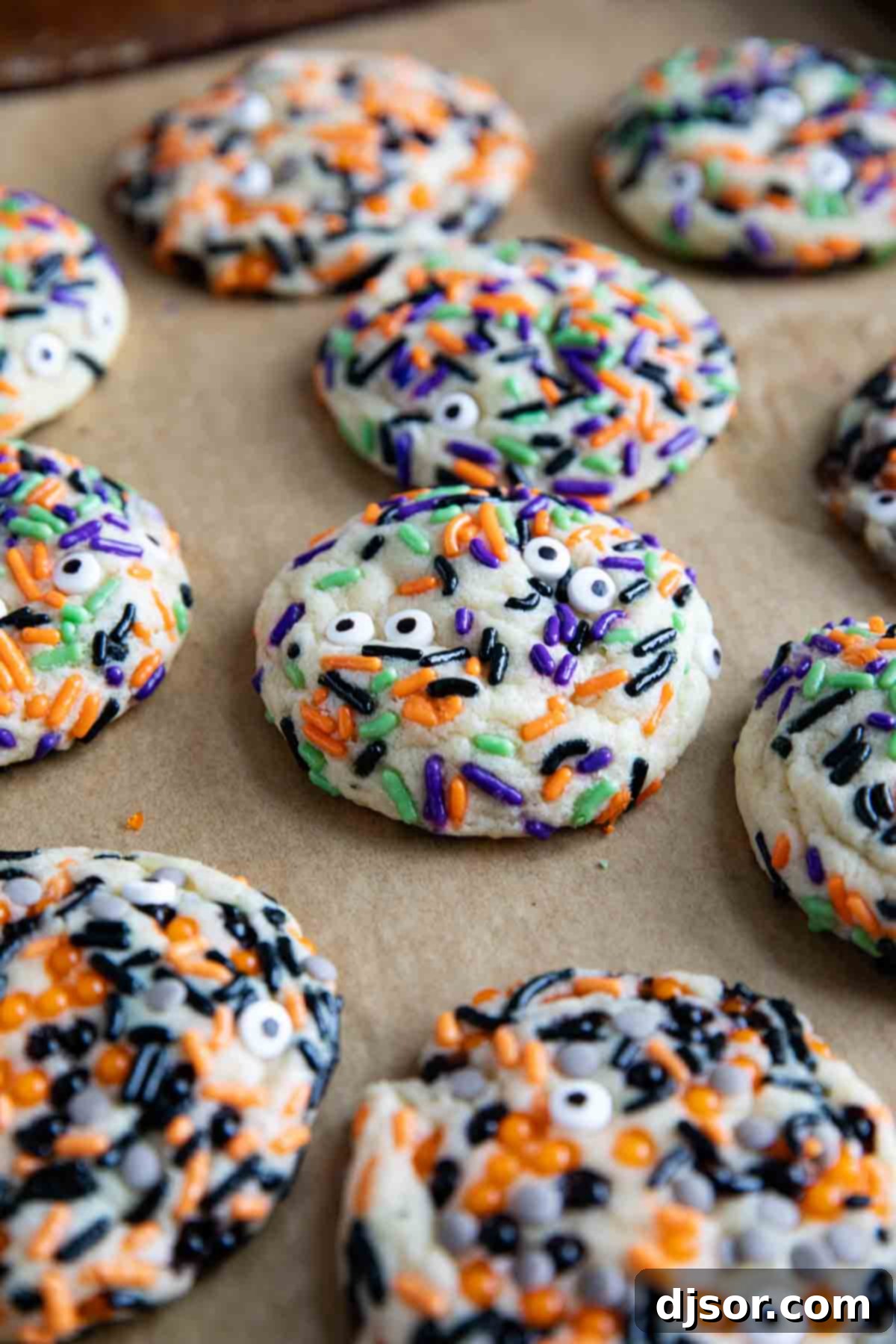 Monster Munchies 7 Freshly baked Halloween cookies cooling on a baking sheet, adorned with various festive sprinkles.